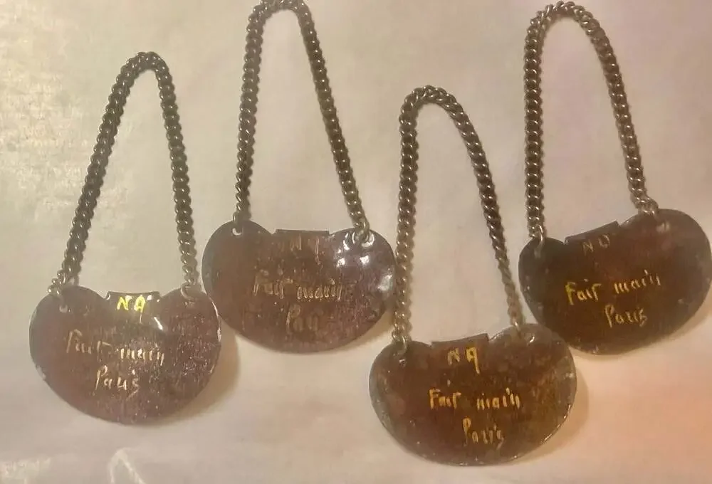 Set of 4 Antique French Hand-Painted Enamel Decanter Labels with Chains